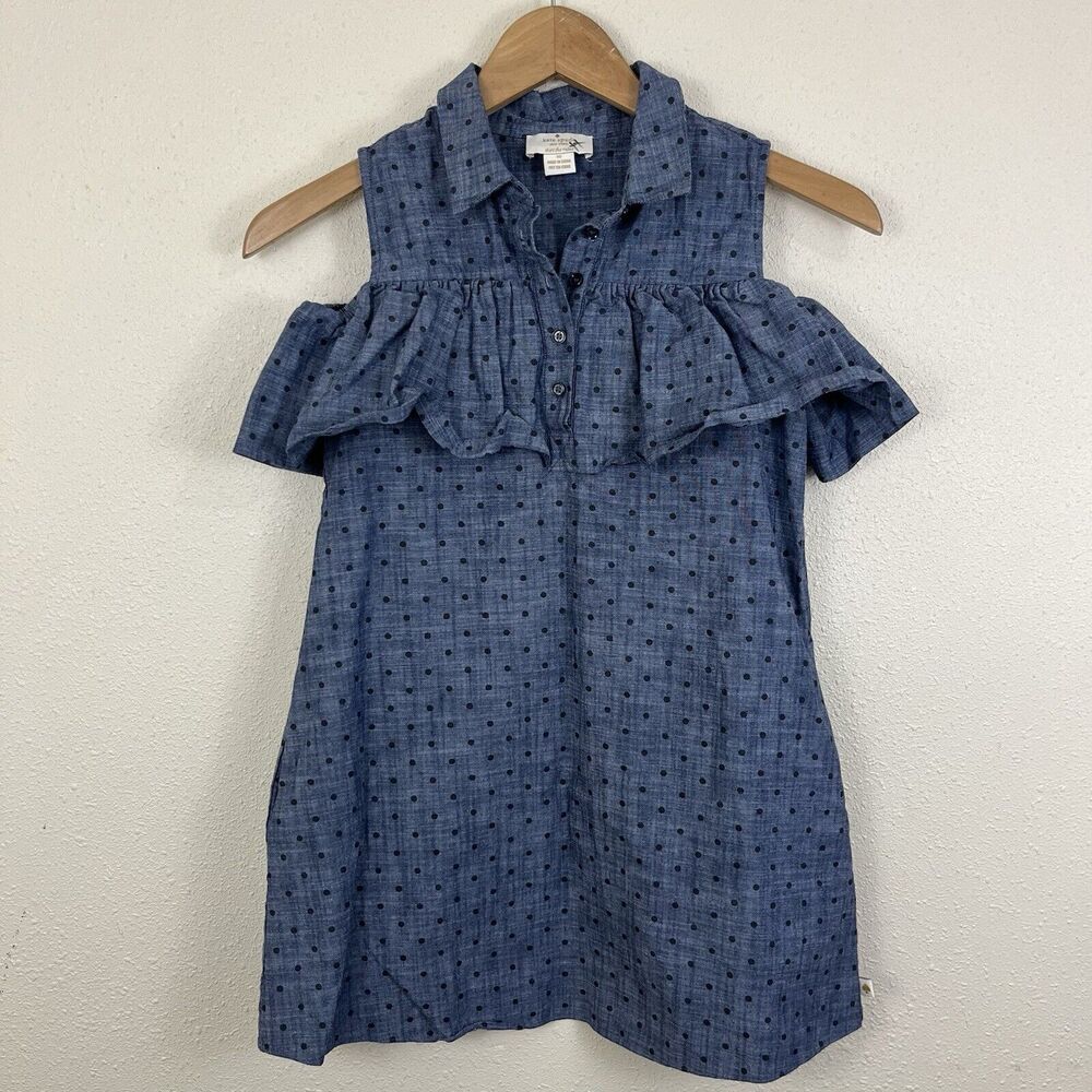 Kate Spade Ruffle Cold Shoulder Chambray Polka Dot Dress Girls Size 10